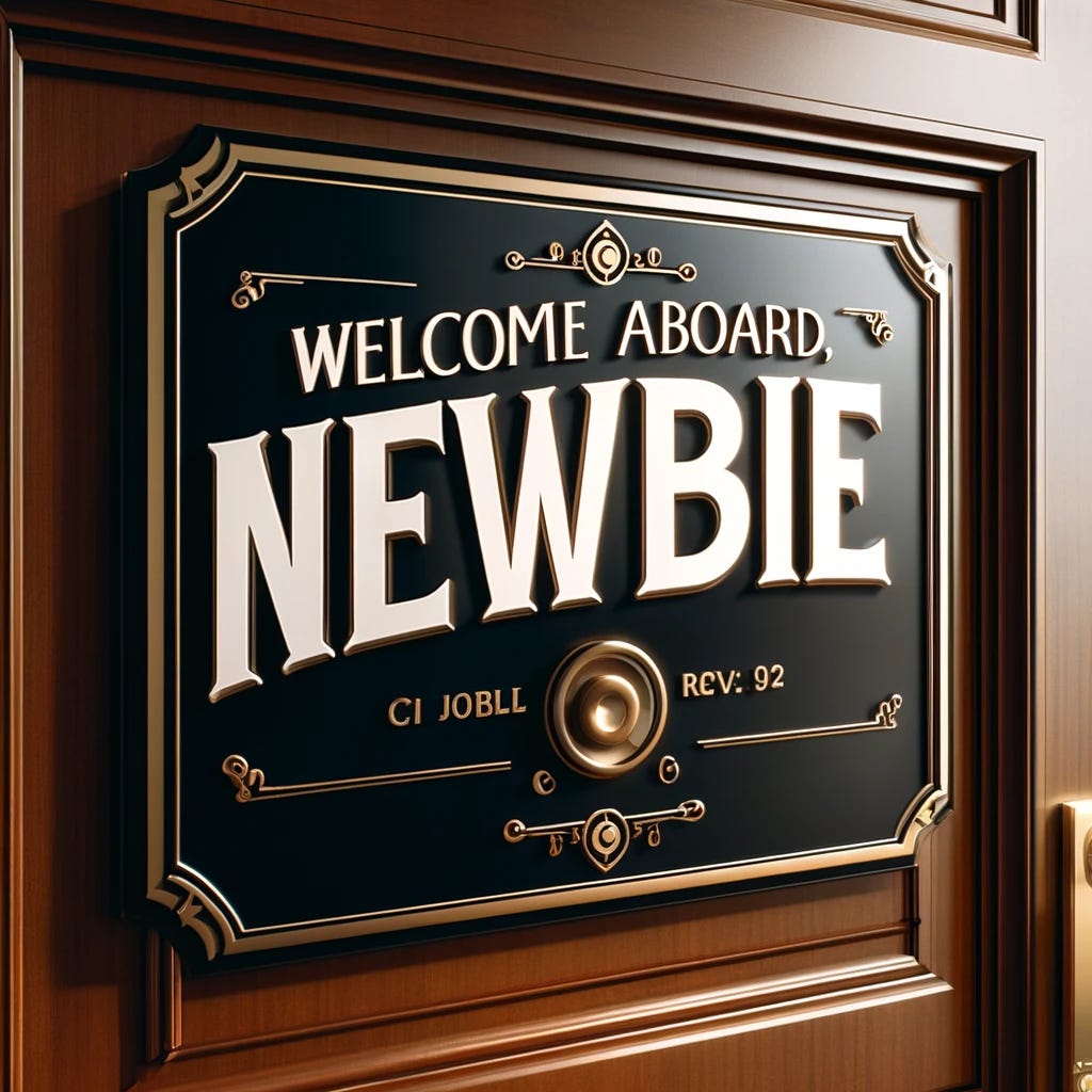 A large, elegant sign on a fancy office door, with the words 'Welcome Aboard, Newbie' in bold, stylish font. The office door should be made of dark polished wood with a brass handle, and the sign itself should be creatively designed to look welcoming and professional, possibly with some decorative elements like borders or small graphics that enhance its appearance. The setting conveys a high-end corporate environment, suggesting the start of a new job in a prestigious company.