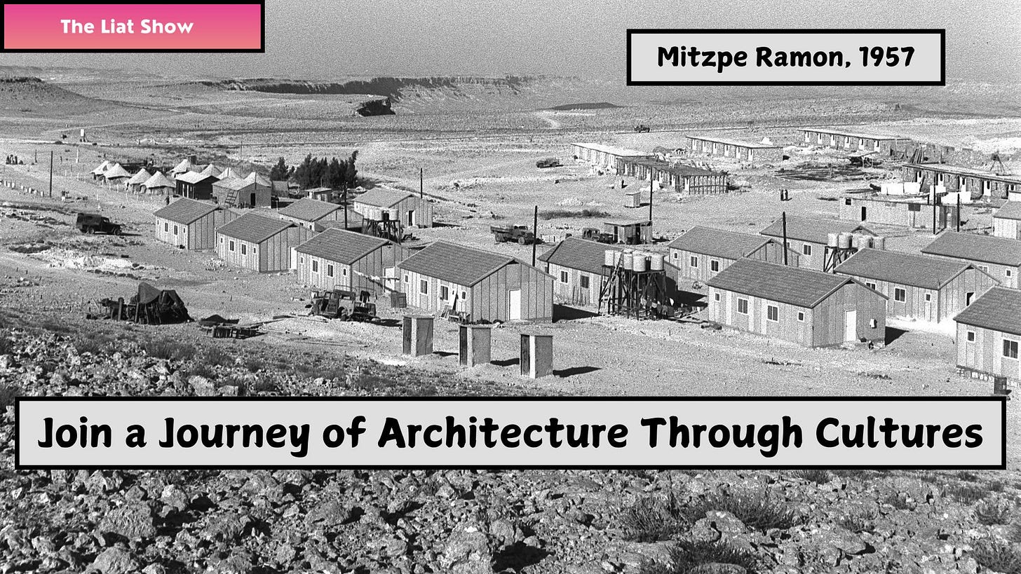 A black-and-white photo of Mitzpe Ramon in 1957 showing rows of modest wooden housing units built in a dry desert landscape. Water towers, utility poles, and scattered construction materials are visible, along with early vehicles parked near the homes. Tents in the background mark the earlier phase of settlement. The image captures the early development of a remote Israeli town during the mass immigration period.