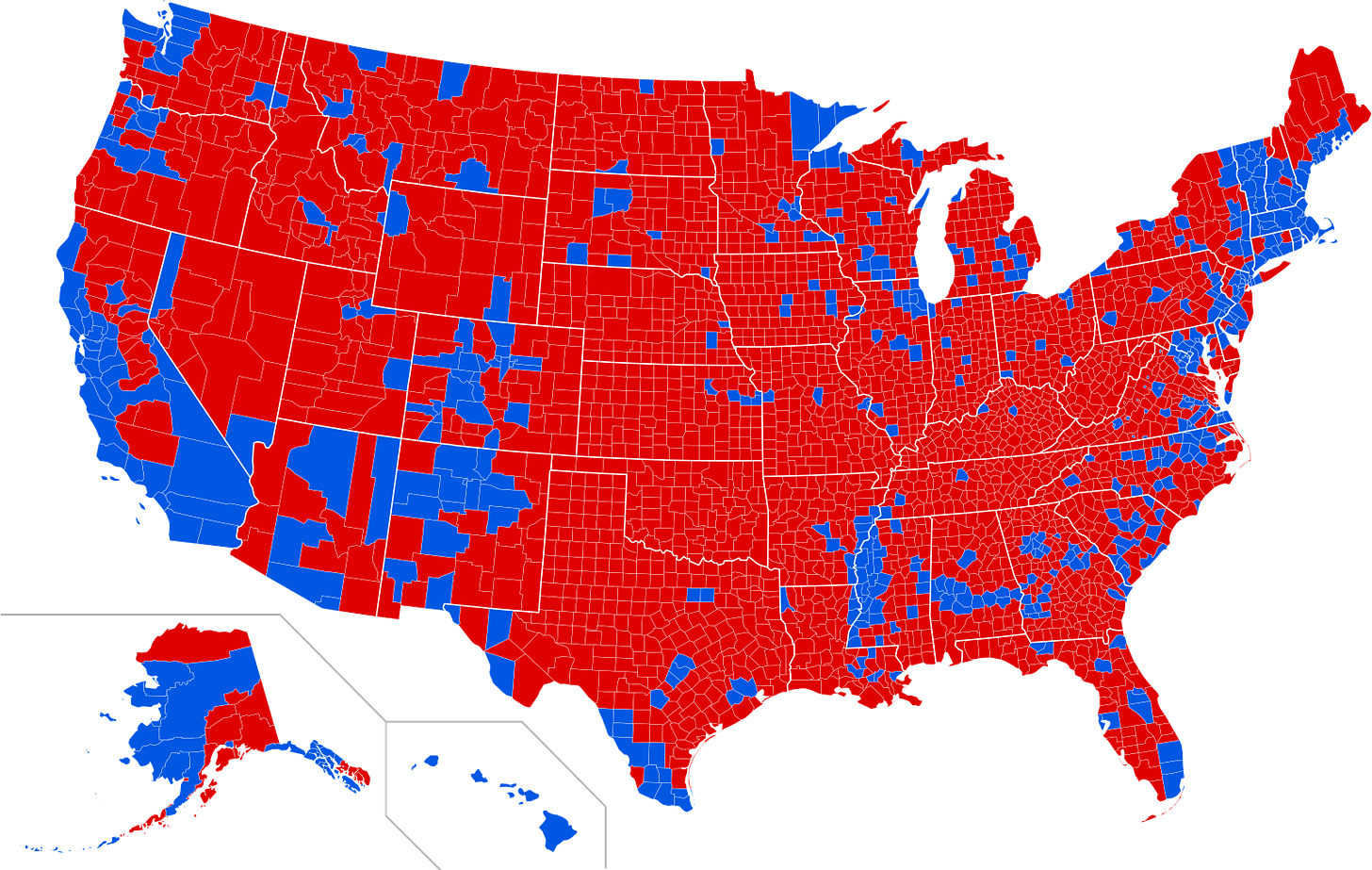 U.S. presidential election map showing sea of red in rural counties