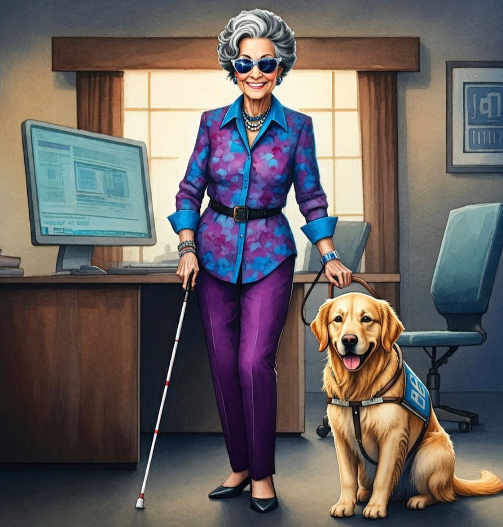 Image of blind woman with white cane and guide dog in her workspace at Cajun Chronicles Podcast