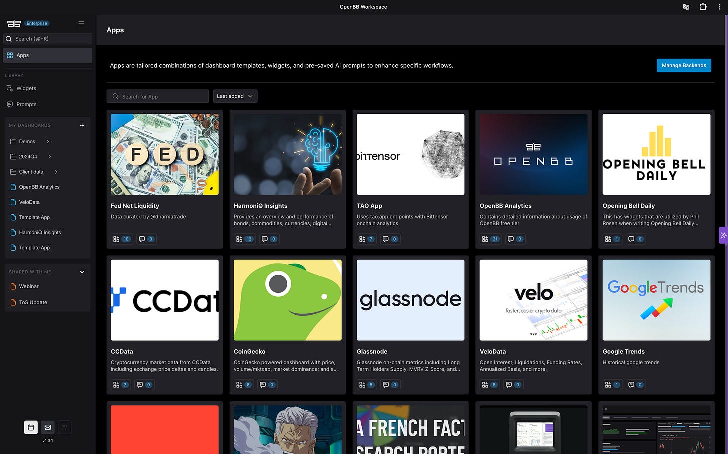 OpenBB Workspace Multiple Applications View
