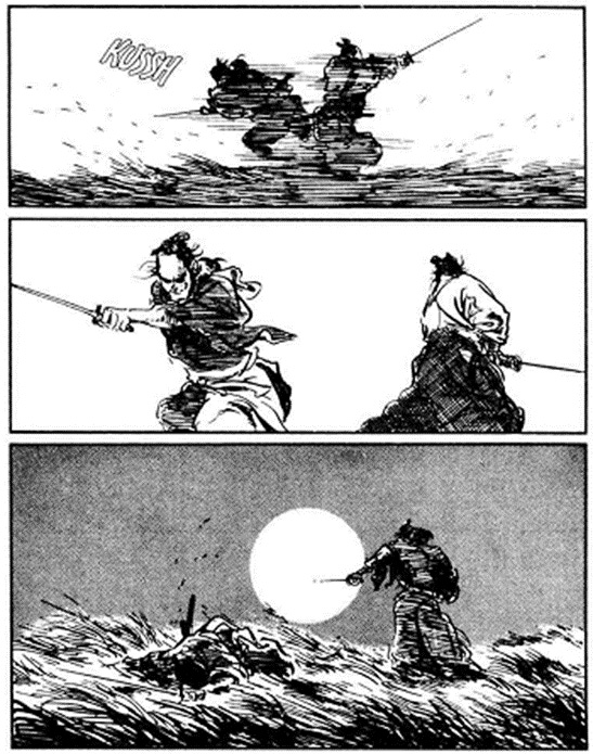 Two samurai duel in a windswept field, each striking the other at the same time.  One falls, a fatal blow struck, as the sun sets behind.