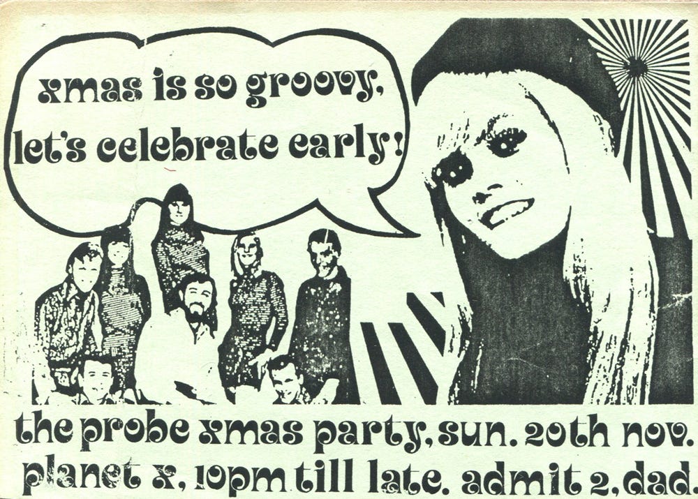 Ticket with the words "Xmas is so groovy, let's celebrate early. The Probe Xmas party, Sun 20th Nov, Planet X."