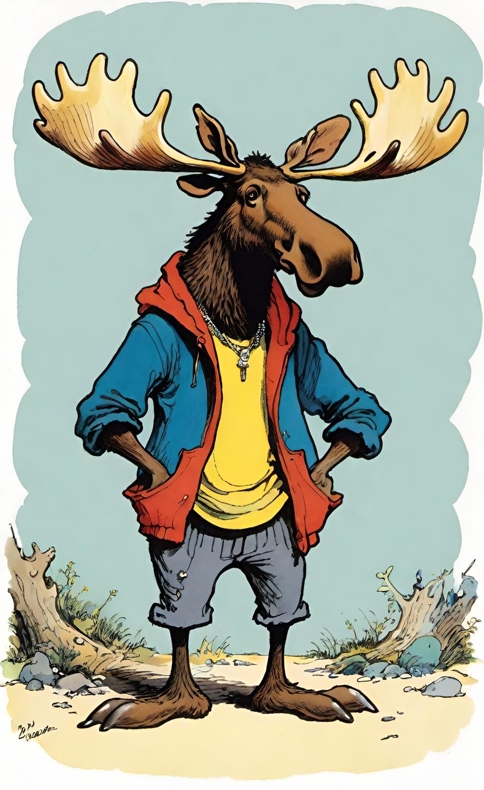 A moose wearing shorts and a blue top.