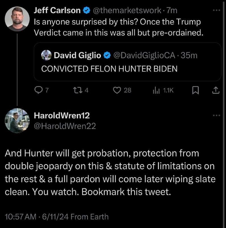 May be an image of 2 people and text that says 'Jeff Carlson Is anyone surprised by this? Once the Trump Verdict CATE in this was all but pre-ordained. David Giglio DavidGiglioCA 35m CONVICTED FELON HUNTER BIDEN HaroldWren12 @HaroldWren22 And Hunter will get probation, protection from double jeopardy on this & statute of limitations on the rest & a full will come later wiping slate clean. You watch. Bookmark this tweet. oardon D:57AM-6/11/24FromEarth'