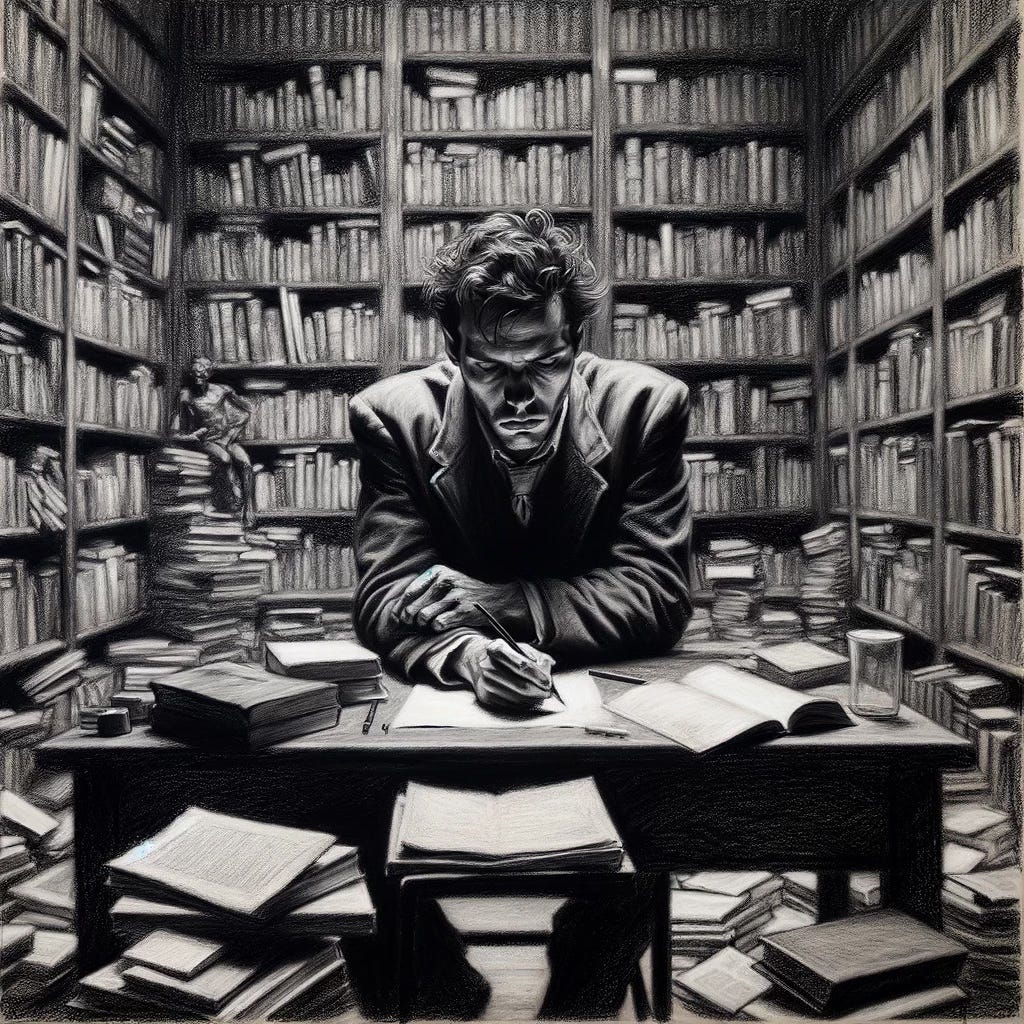 A failed writer sitting in a room full of bookshelves