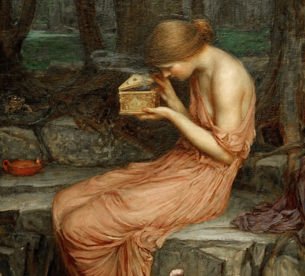 Victorian painting of a woman peering into a small box - represents the myth of Psyche. 
