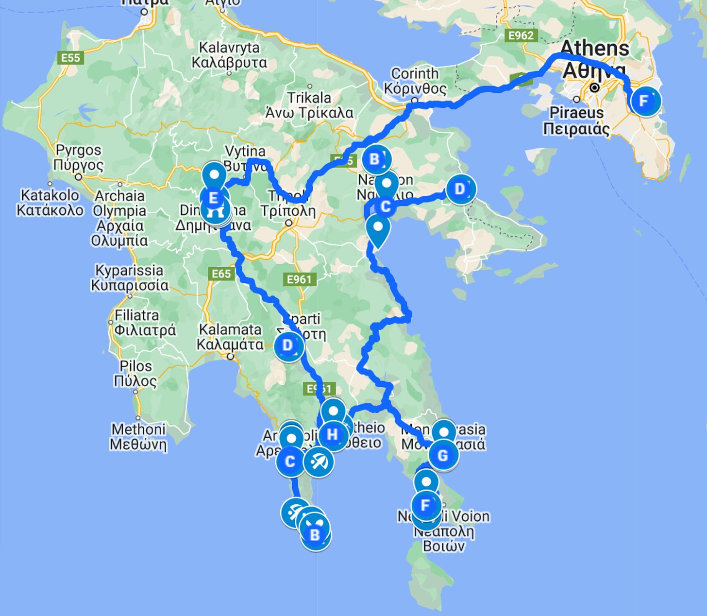 Road trip itinerary through Greece on Google Maps 