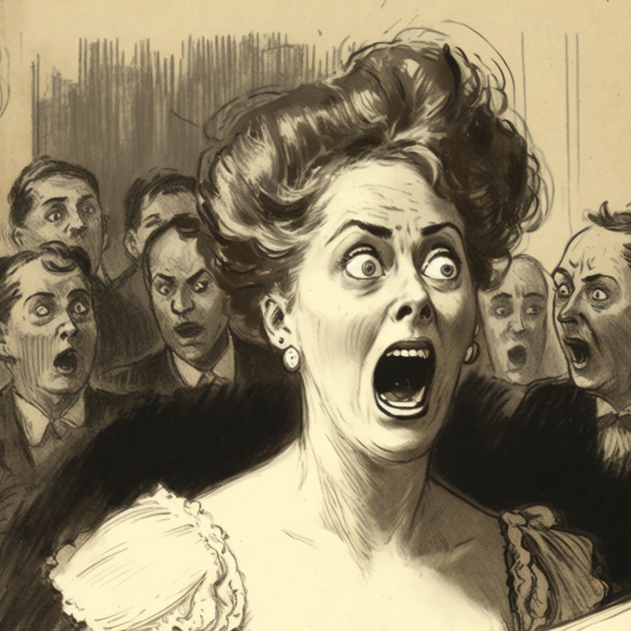 A newspaper sketch of a screaming art-goer surrounded by equally traumatized patrons.