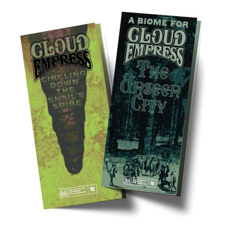 Mockups of two pamphlets: The Unseen City City Biome, and Circling Down the Snail’s Spire