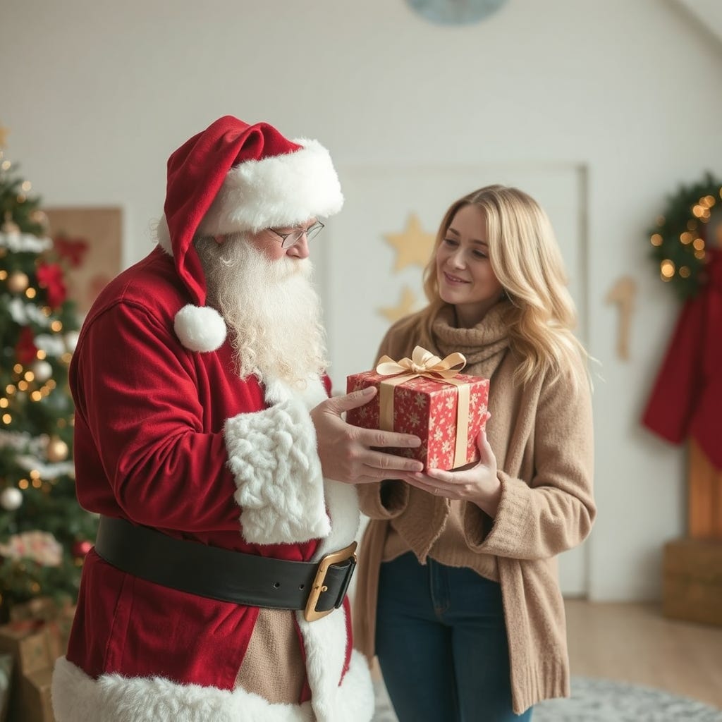 Santa Claus offering a gift to a beautiful, wearing casual clothes, 40 year old, caucasian blonde woman. Highly detailed. In a big house representing success and warmth.