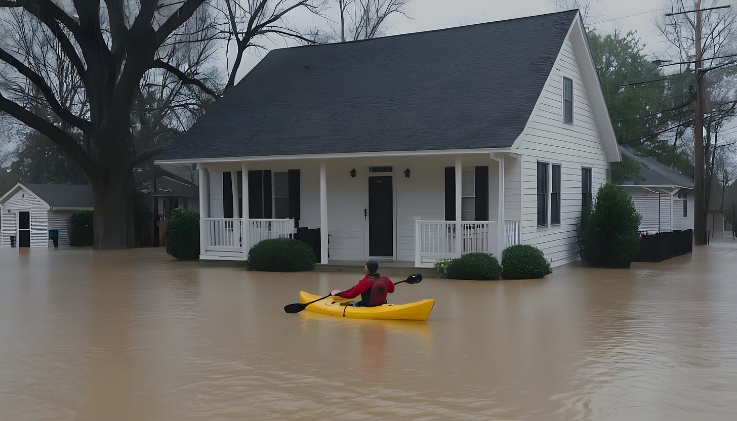 man kayaking away from house in flood