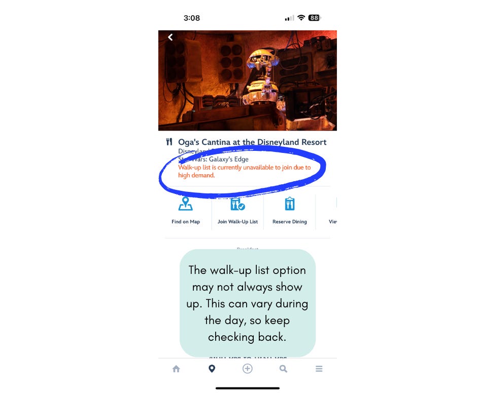 Disneyland app wait list not available screen