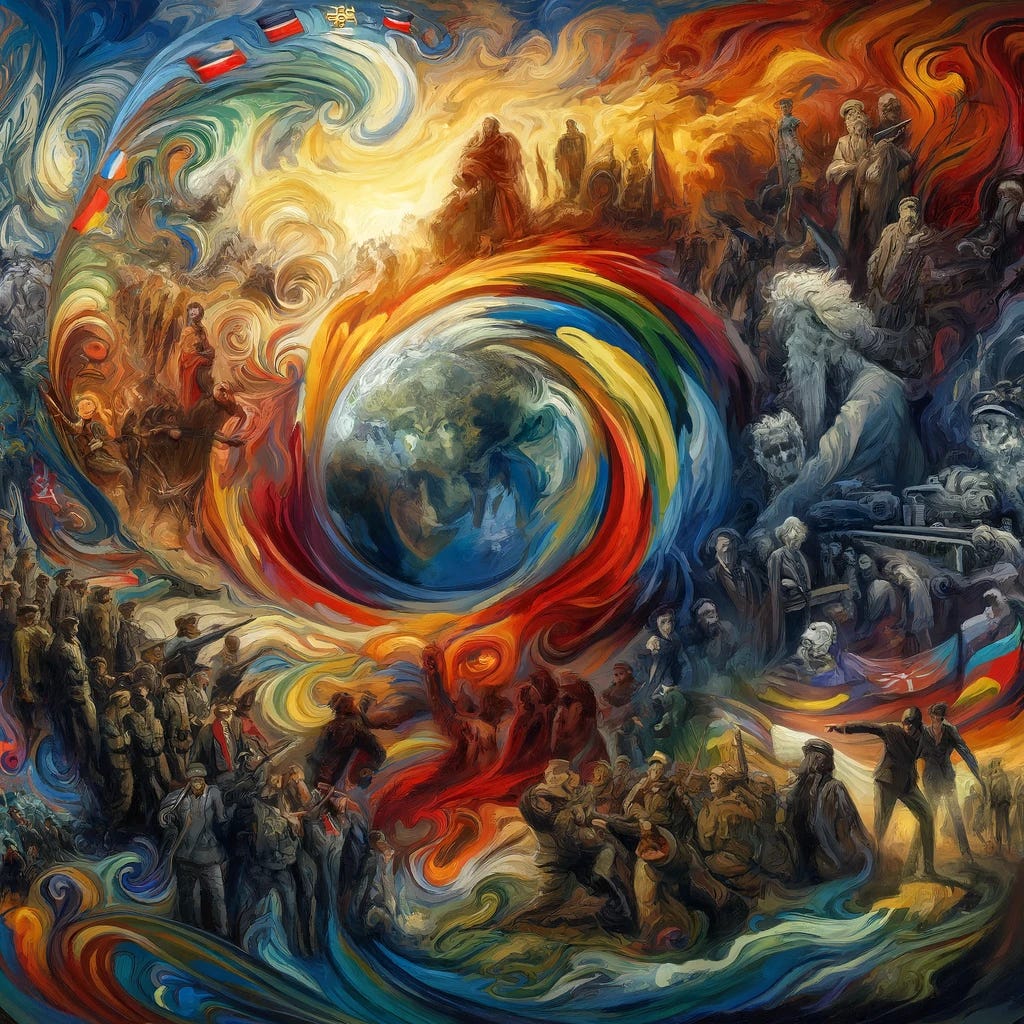 An abstract painting illustrating the resurgence of imperialism as described by Yuval Noah Harari. Swirling, vibrant brushstrokes symbolize the turbulent global landscape and the threat to international borders. Elements include abstract representations of historical empires like Rome, Britain, and tsarist Russia, along with modern conflicts in Ukraine, Crimea, Palestine, and elsewhere. Figures are shown in defensive postures, symbolizing the need for armaments and alliances. The background hints at maps and borders, with contrasting colors highlighting the tension and uncertainty. The style resembles oil on canvas with expressive and somber undertones.