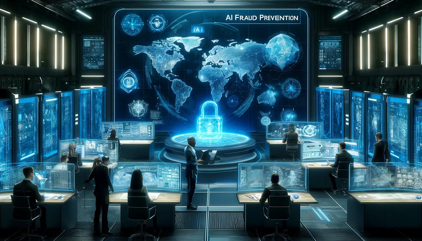 A futuristic scene depicting advanced AI fraud prevention technology by Mastercard. The image shows a high-tech command center with large, holographic screens displaying global transaction maps and security alerts. In the center, a diverse group of cyber security experts, including a Black woman, an Asian man, and a Hispanic woman, are actively monitoring and analyzing the data. The environment is sleek and modern, filled with digital interfaces and neon blue lighting, symbolizing cutting-edge technology and vigilance against scammers.