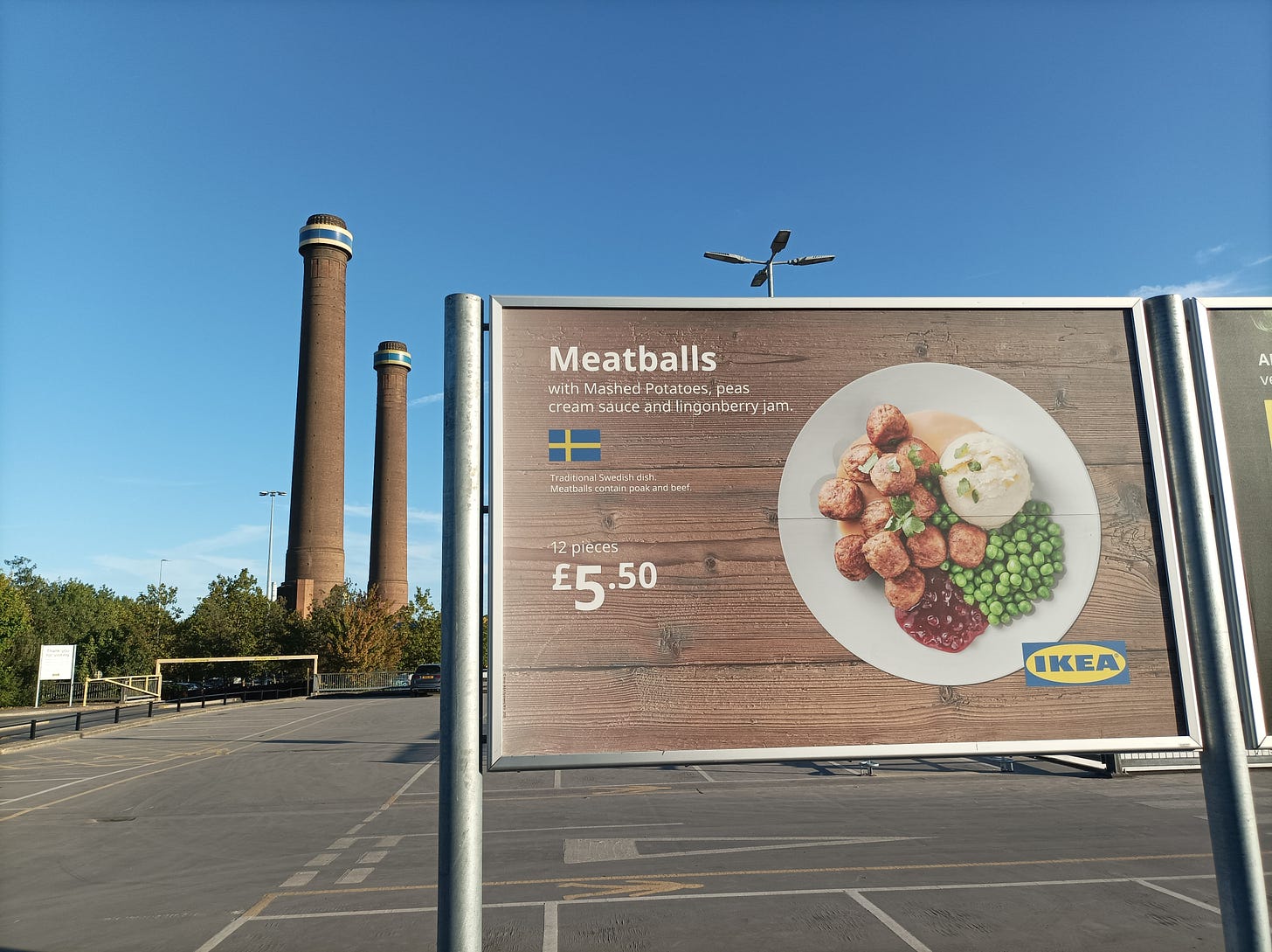 The IKEA Croydon chimneys and a billboard with meatballs on it