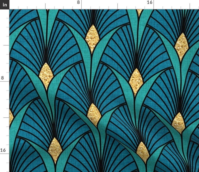 Peacock Jewels Fabric Art Deco by emikundesigns Bright Blue Scallops Fans Jewel Tones Art Deco 1920s Fabric by the Yard by Spoonflower image 1