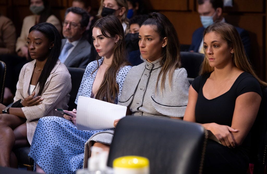 U.S. Olympic gymnasts Simone Biles, McKayla Maroney, Aly Raisman and Maggie Nichols arrive to testify during a Senate Judi...