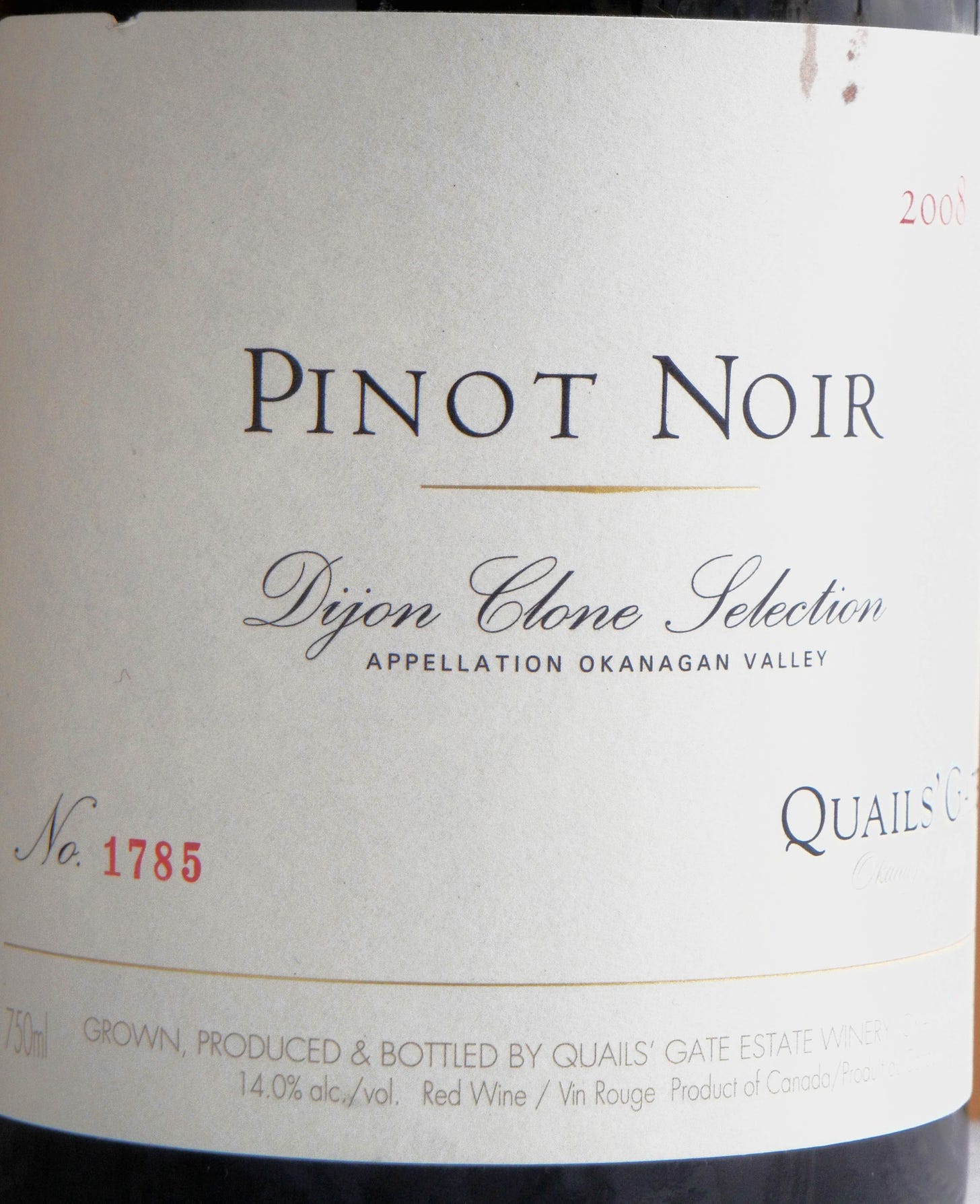 Quails' Gate Dijon Clone Pinot Noir 2008 Label - BC Pinot Noir Tasting Review 16 Quails' Gate Dijon Clone Pinot Noir 2008 Label