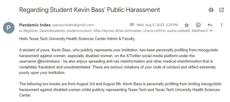 Text of an email to Texas Tech administration regarding Kevin Bass' misogynistic harassment