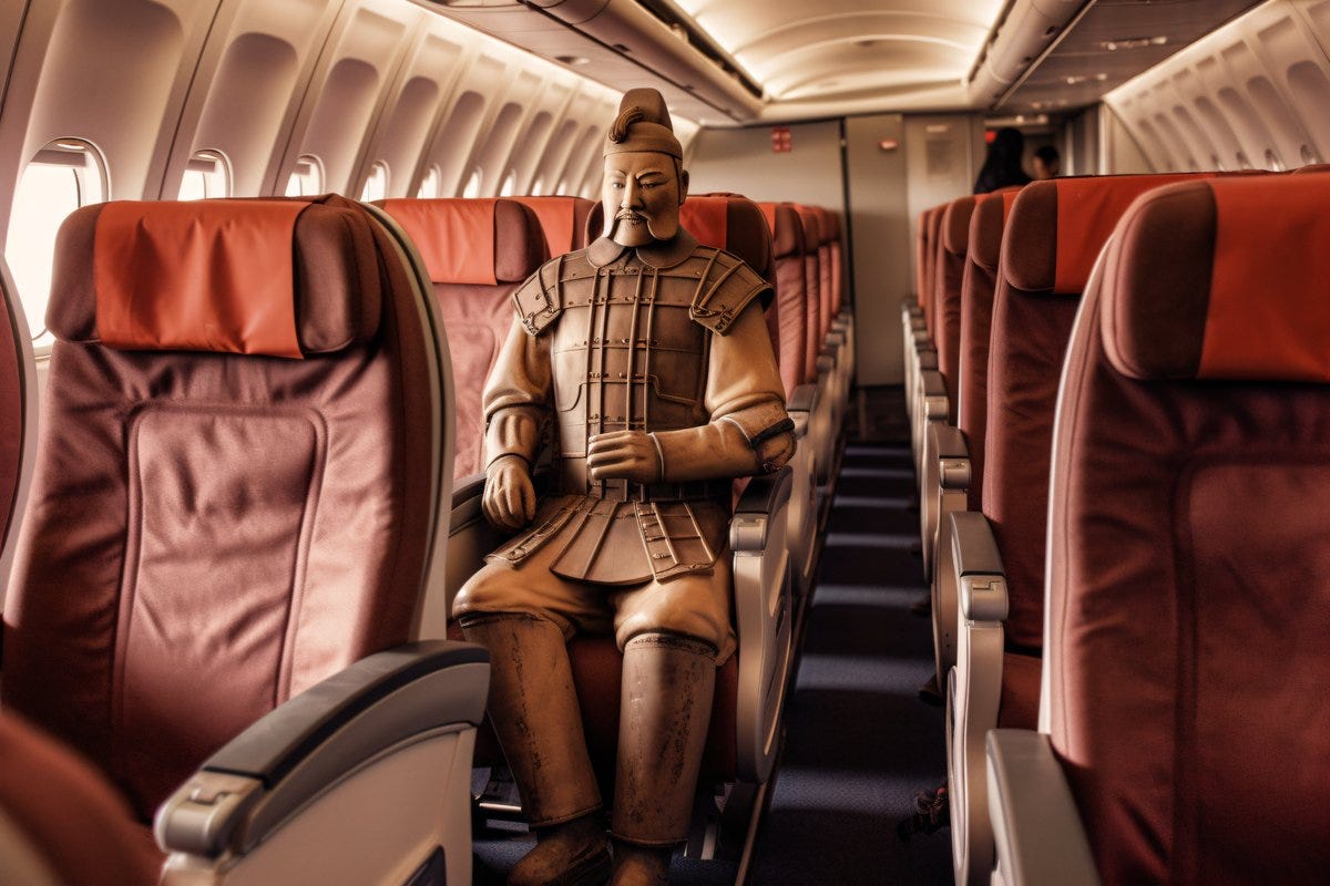 Prompt: ''A real terracotta warrior in an airplane seat. Full shot photograph. --ar 3:2''

Inspired by the idea of u/stopwatchsparrow on reddit. 