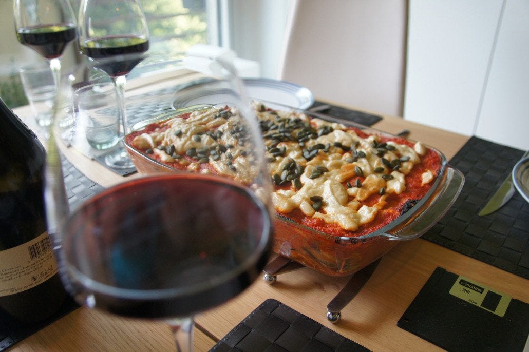 Chelsea's vegan enchiladas plus wine from the French region of Alsatia.