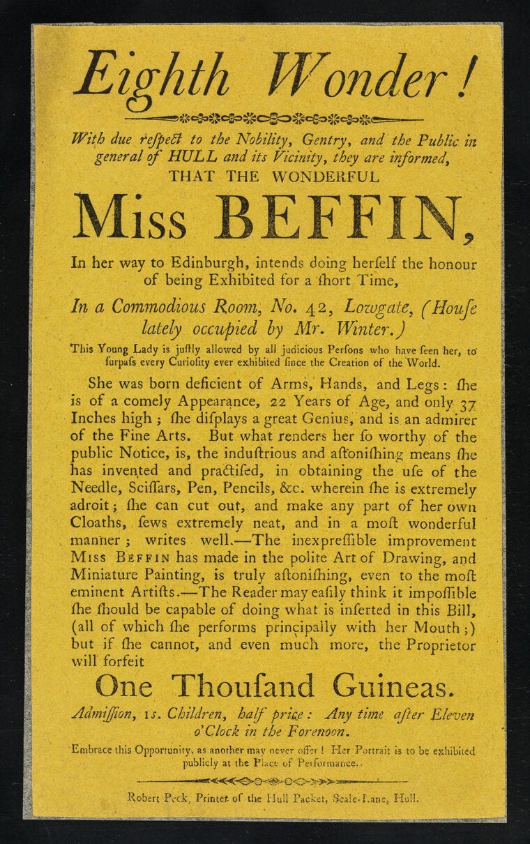 A text-heavy early 19th century handbill, titled 'Eighth wonder!' It gives details of Sarah Biffin (spelled Beffin) and how she can sew, write, paint etc without arms.