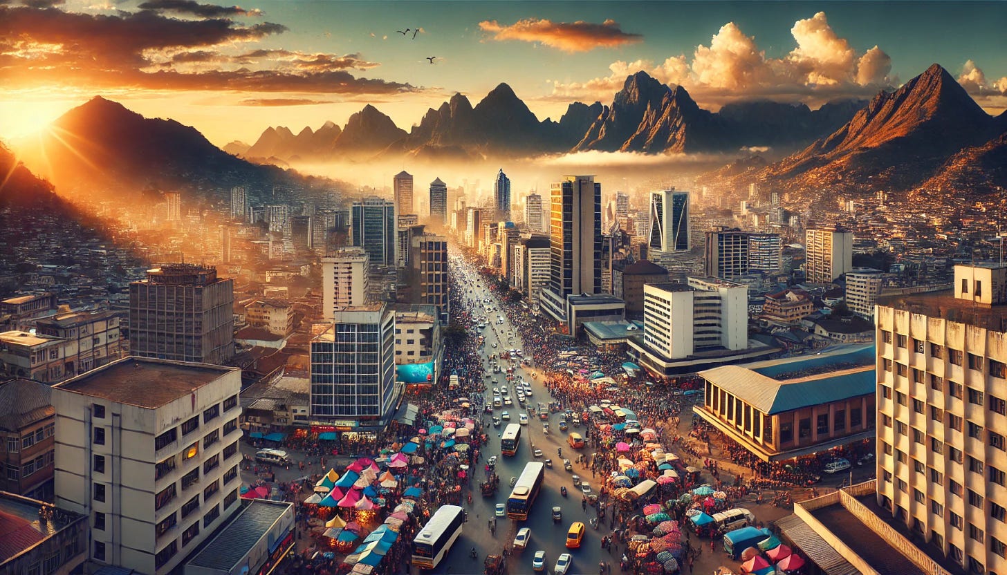 A bustling metropolis in Africa with dramatic scenery. The cityscape features modern skyscrapers, busy streets filled with people and vehicles, and vibrant markets. In the background, there's stunning natural scenery with majestic mountains and lush greenery. The sky is clear with a warm golden sunset casting a beautiful glow over the city. The image captures the blend of urban life and natural beauty, showcasing the dynamic and diverse environment.