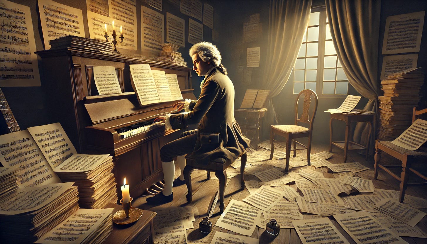 A hyperrealistic scene of Mozart composing in a dimly lit, cluttered room with sheets of music scattered around. Mozart is at a grand piano, focused and deeply immersed in his work. The scene is depicted with a slight Dutch angle, adding a dynamic perspective. The wide aspect ratio captures a panoramic view of the room, including neatly stacked papers, a quill and ink, a warm candle casting gentle shadows, and simple, elegant furniture. Mozart's hands are poised over the piano keys, his face showing calm concentration and thoughtful expression. His wig is slightly tousled, and his eyes are focused, reflecting his dedication to the music. The background features a window with heavy curtains slightly parted, letting in soft moonlight. The atmosphere is calm and creative, with a sense of peaceful genius and the quiet intensity of Mozart's work.