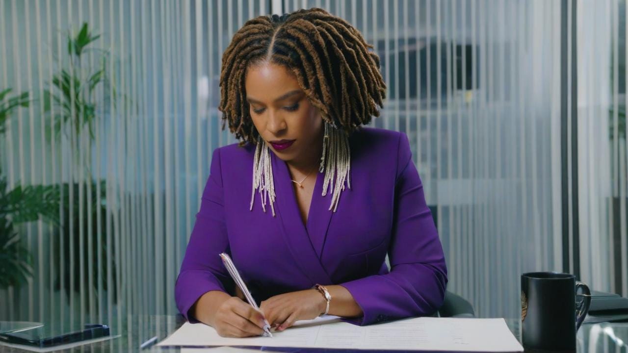 Black Woman  with locs wearing in purple dress and business suit writing a letter light room