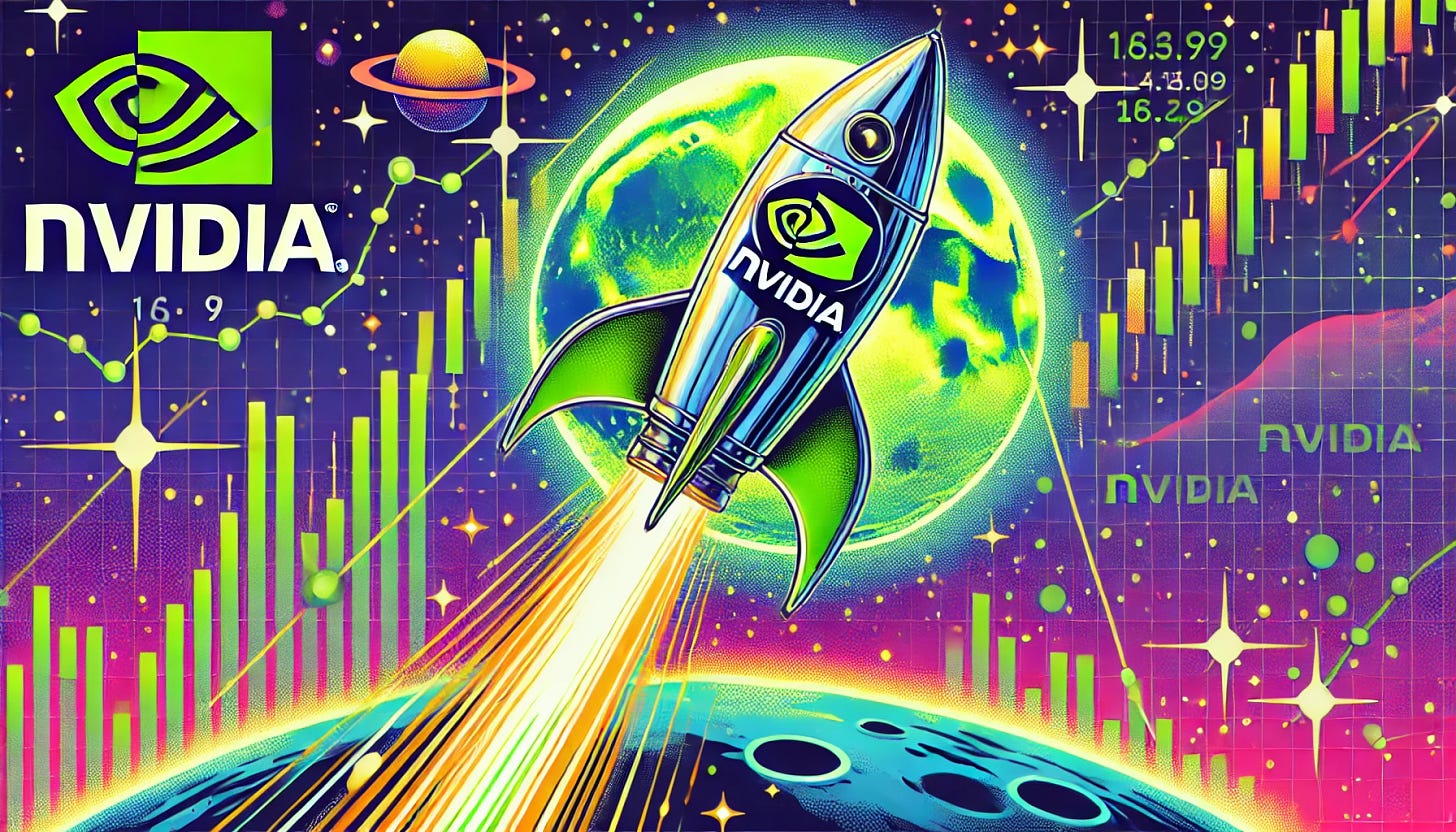 A vibrant, pop-art style illustration in 16:9 format. The image shows a futuristic Nvidia rocket blasting off into space with the Nvidia logo prominently displayed on the rocket. Behind it, stock market graphs and green arrows indicate growth. The rocket leaves a bright trail of stars, representing the phrase 'to the moon.' The moon in the background has a glowing Nvidia flag planted on it, with a cosmic background full of stars and planets to emphasize the space theme.