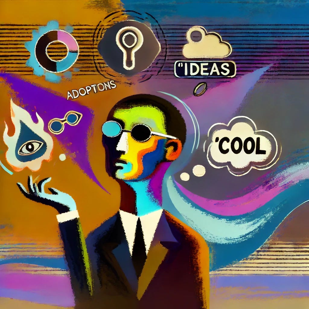 An abstract image of a pretentious person showing off by adopting 'cool' ideas. The illustration features exaggerated, stylized human figure with an air of arrogance, surrounded by symbols of trendy concepts and ideas. Use vibrant colors, abstract shapes, and bold lines to depict the person and the ideas they are showcasing. The overall composition should convey a sense of superficiality, pretense, and a desire for attention. The background should be dynamic and busy, emphasizing the performative nature of the person's behavior.