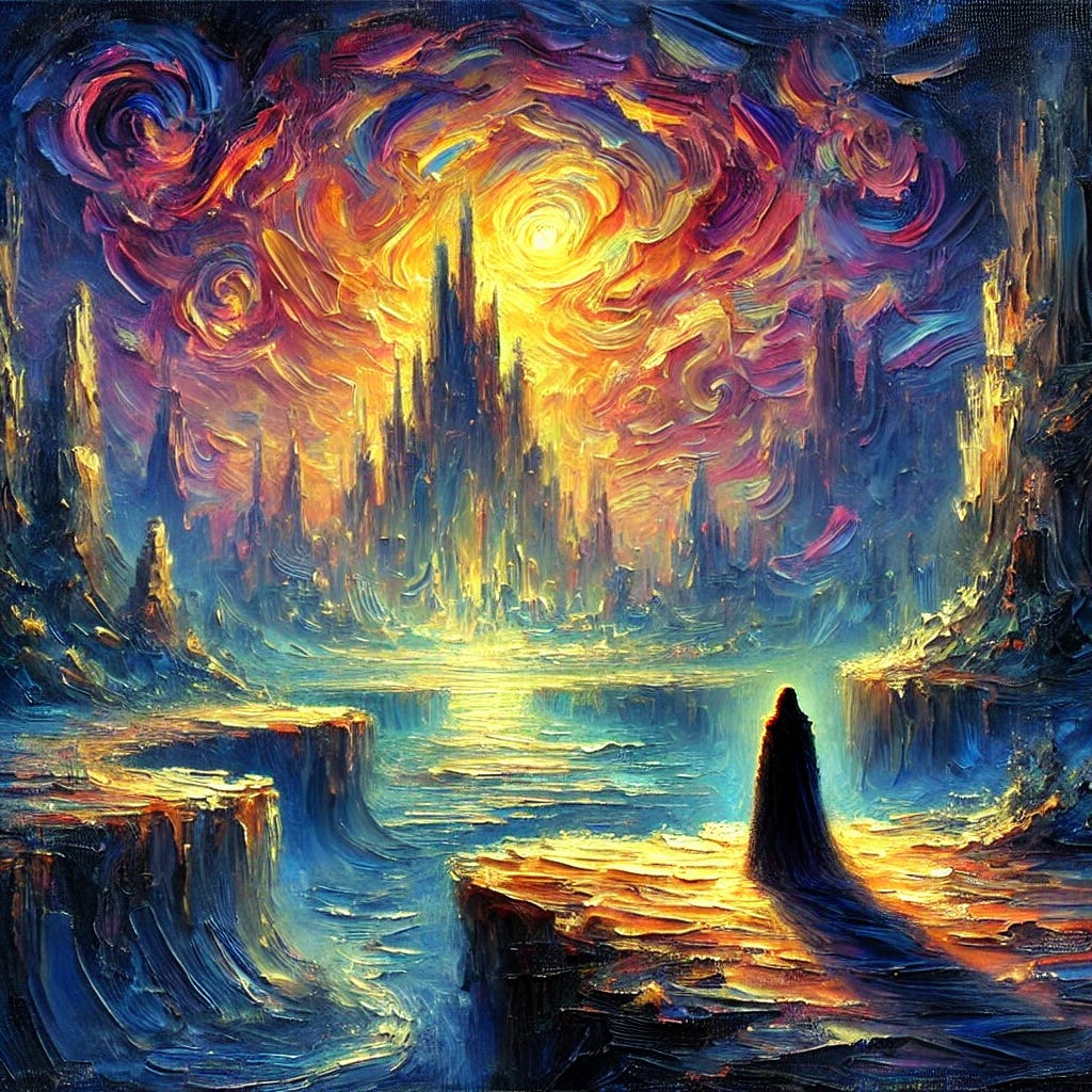 A vibrant oil painting in an impressionist style with thick, expressive brush strokes. The scene depicts an enigmatic landscape under a twilight sky, with swirling clouds and an eerie glow on the horizon. A shadowy figure stands at the edge of a vast chasm, staring at a surreal cityscape in the distance, where towering spires shimmer with an otherworldly light. The atmosphere is mysterious, evoking a sense of prophecy and hidden knowledge.