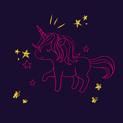 dessin stylisé en rose et jaune d'une petite licorne entourée d'étoiles