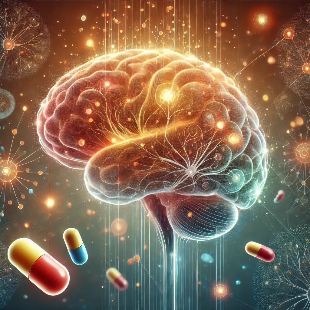 A professional medical illustration depicting cognitive decline associated with dementia and antidepressants. The image features a stylized human brain with neuron pathways, some of which appear faded or disconnected, symbolizing cognitive decline. Floating around the brain are antidepressant pills, visualized as glowing elements interacting with neural connections. The color scheme consists of warm hues like orange, gold, and soft red to evoke a sense of scientific inquiry and engagement. The background is abstract, using clean, modern medical visuals with subtle neuron-like patterns to enhance understanding. No words or language elements are included.