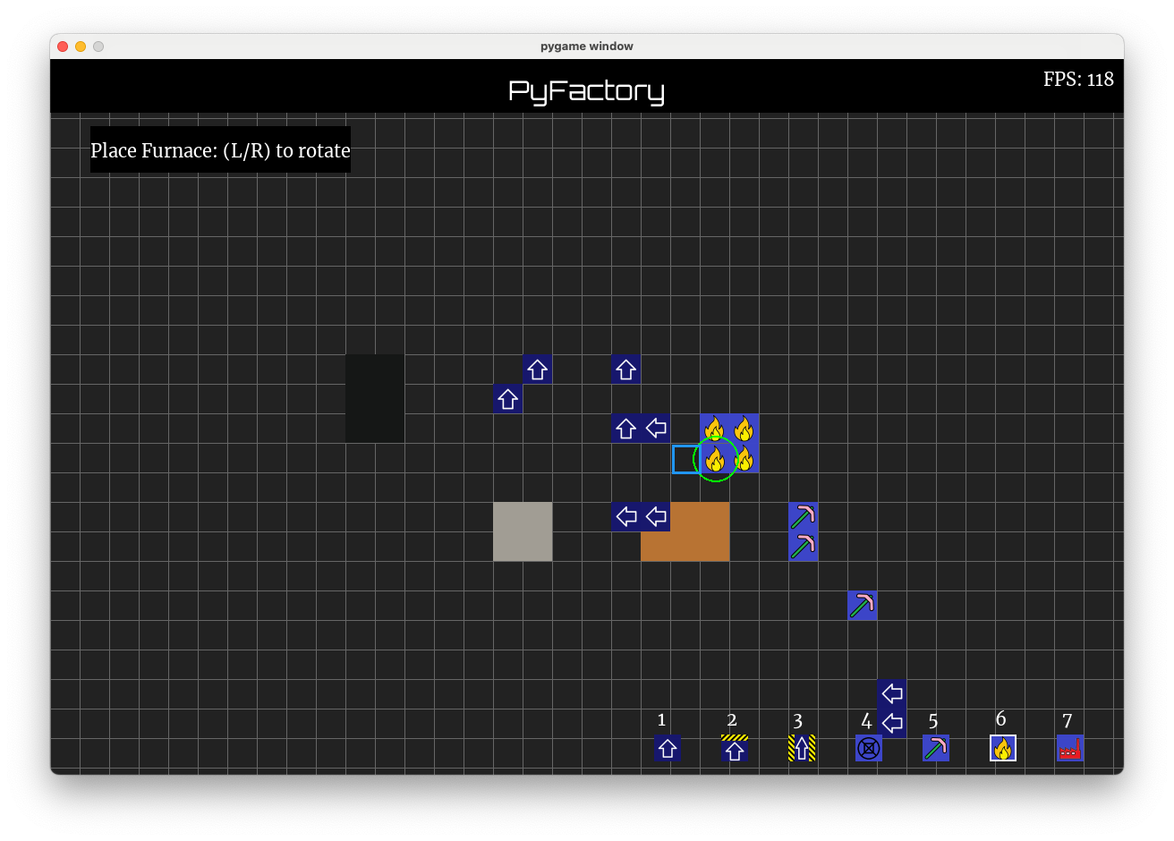 Screenshot of py-factory game running.