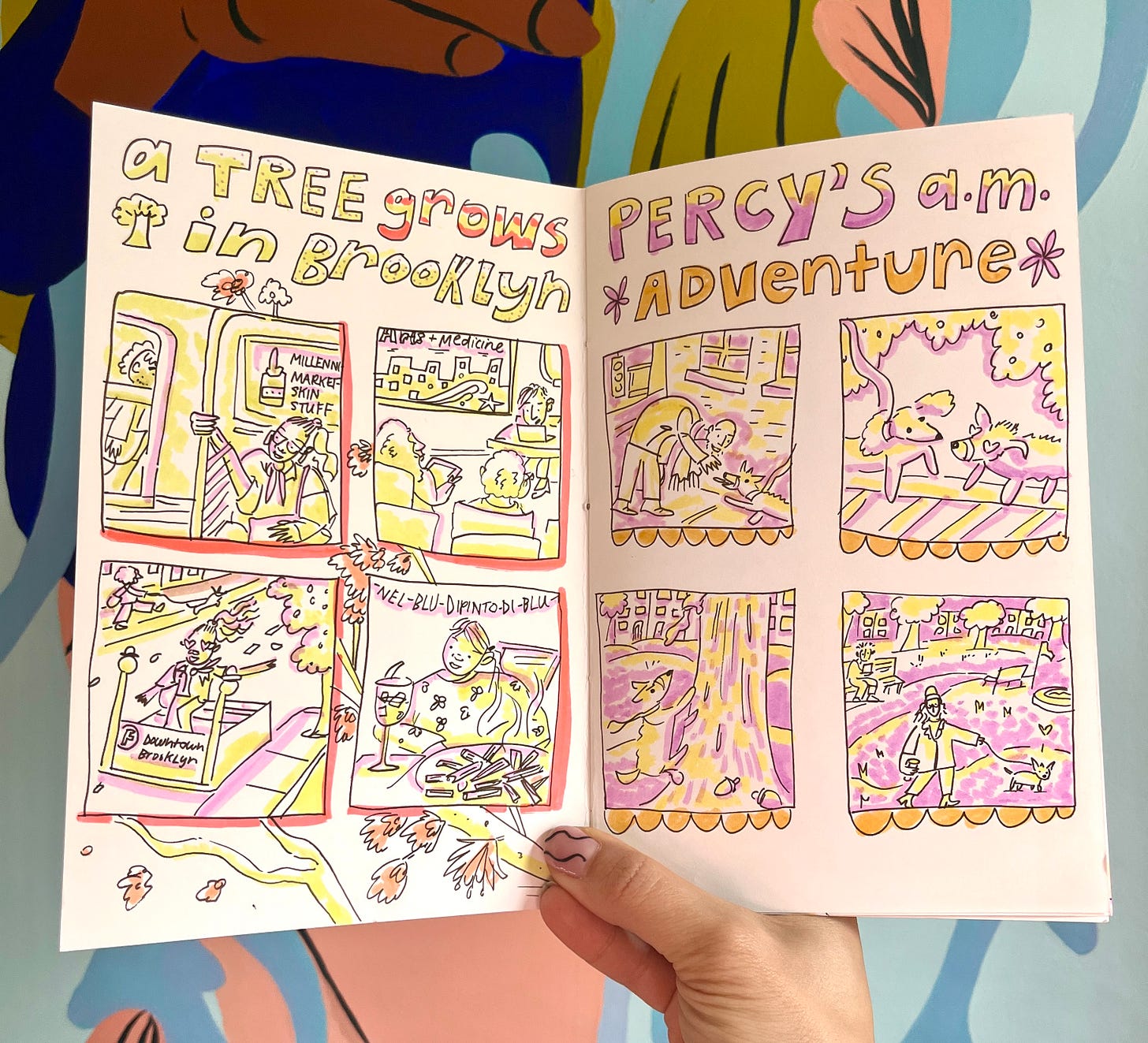 A booklet opens to two pages of comic diaries entitled A Tree Grows in Brooklyn with snippets of New York, and Percy's AM Adventure with pictures of my dog on a walk around town.