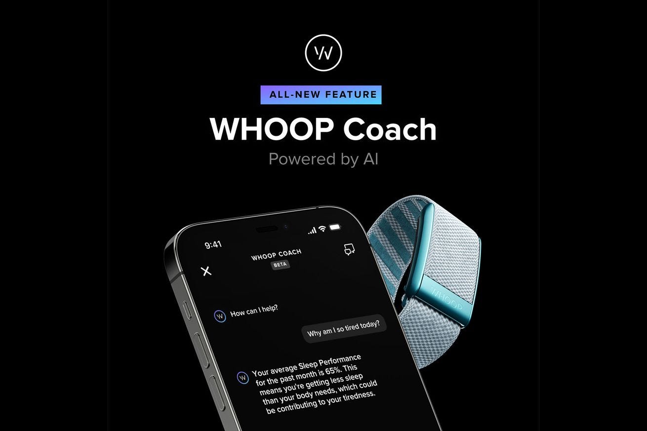 Celular ao lado de um smartwatch para divulgar a nova IA da plataforma Whoop