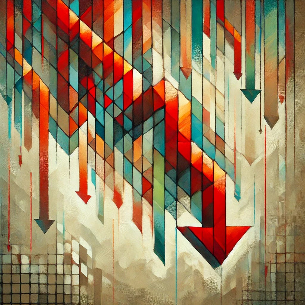 An abstract painting representing the decline of a business, with downward-pointing shapes or arrows. Use bold, fragmented forms in red and orange tones to symbolize loss and struggle, all oriented downward to emphasize the decline. Softer, muted shapes in greens and blues can subtly appear, representing hope for recovery but still overshadowed by the decline. The composition should feel dynamic but weighted, with strong directional lines leading downward, evoking a sense of falling or financial downturn.