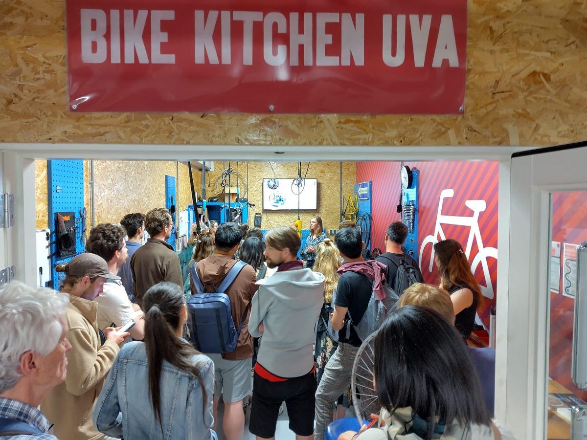 local du bike kitchen avec ses murs en bois et ses rangements d'outils en bleu
