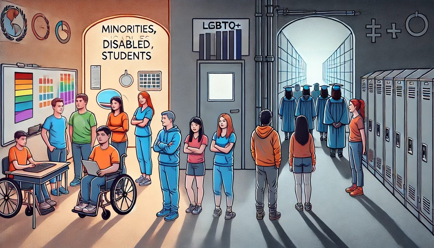 An image of three groups of students representing minorities, disabled students, and LGBTQ+ students. The faces of the students are highly realistic, showing natural expressions and diverse features. One group stands in a bright, supportive environment with advanced resources, while the other stands in a bleak, underfunded setting with outdated materials and closed doors behind them. The visual contrast symbolizes disparities in education with federal oversight ensuring equity. Exclude all text labels.