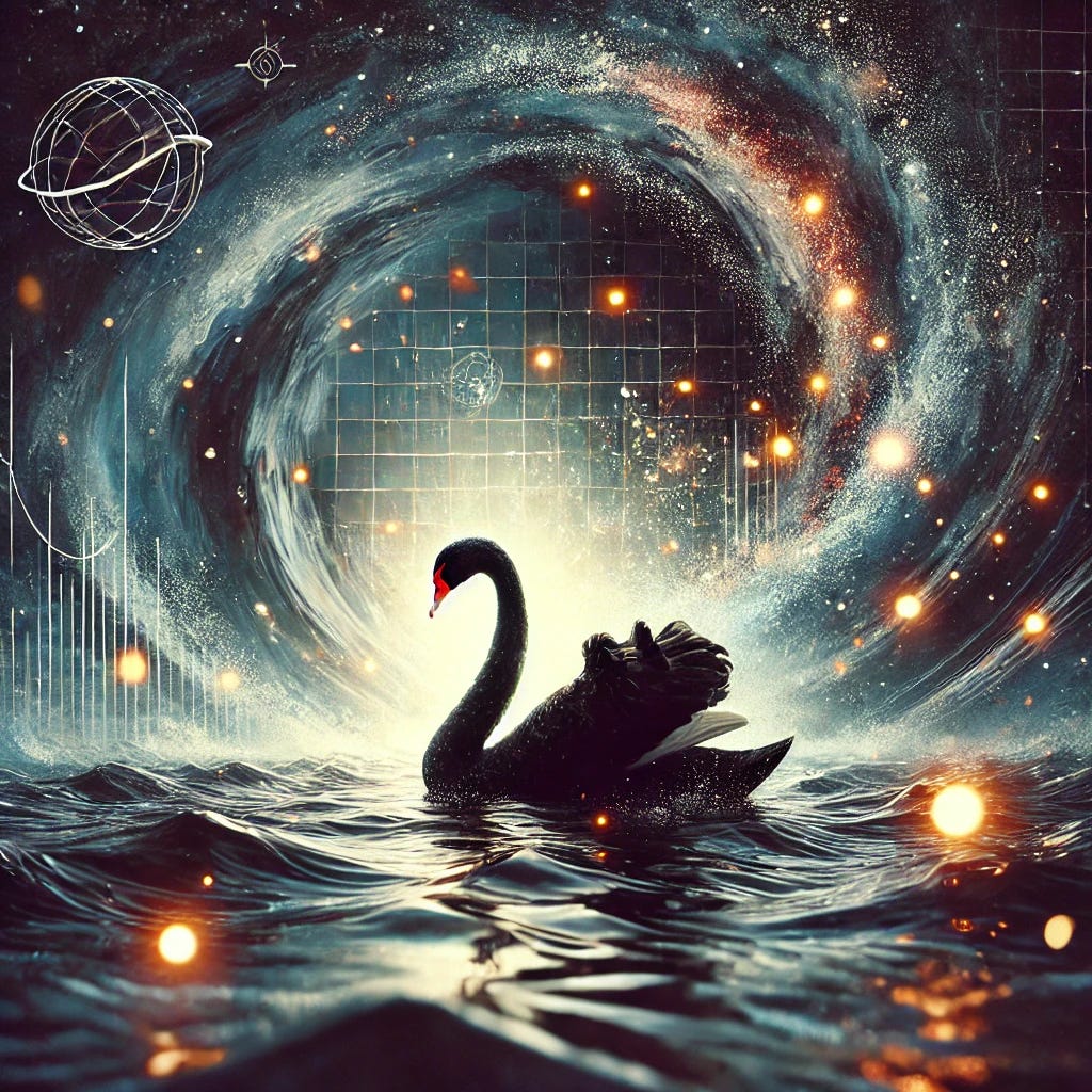 An artistic illustration inspired by the concept of 'Estratégia do Pózinho' and the themes of 'The Black Swan' book. The image features a dark swan swimming in turbulent waters, symbolizing unpredictable events, with sparks of gold dust (pózinho) swirling in the air around it, representing tiny but powerful opportunities. The background is abstract and mysterious, blending elements of chaos and potential with a retrofuturistic aesthetic. The scene is illuminated by soft, ethereal light, with an emphasis on surrealism and thought-provoking visuals.