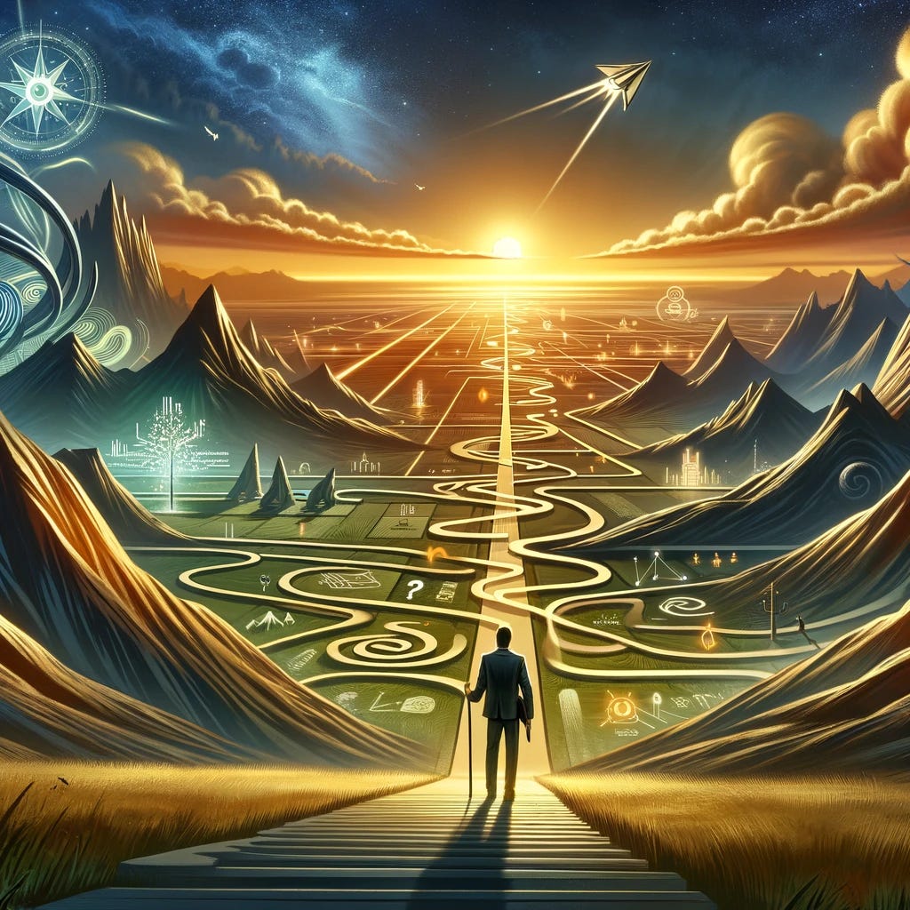 Visualize the journey of entrepreneurship as a metaphorical path stretching into the horizon, with the first steps clearly marked at the foreground. The path winds through a landscape filled with symbolic obstacles like mountains and valleys, representing challenges, and beacons of light, symbolizing opportunities and insights. Include a figure standing at the beginning of the path, looking forward, ready to embark on the journey. The figure holds a compass in one hand, symbolizing guidance and direction, while the horizon glows with the promise of success and discovery. This scene captures the essence of taking those crucial next steps in the entrepreneurial journey, inspired by the advice of Guy Kawasaki and the wisdom of Lao Zi.