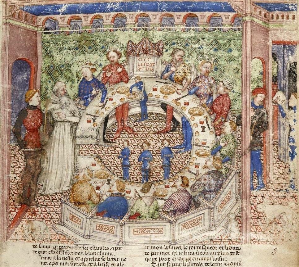 “I cavalieri seduti alla tavola rotonda”, miniatura tratta da 'La Quête du Saint Graal et la ...