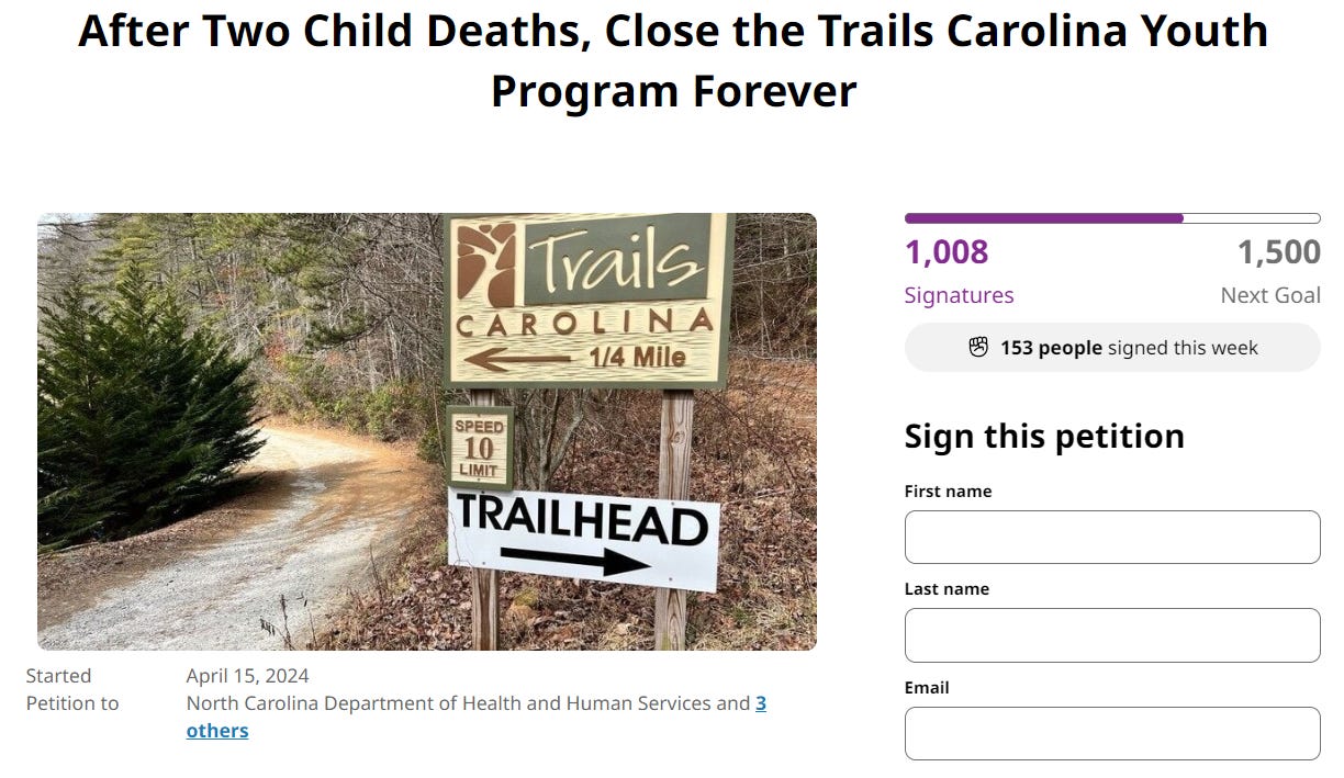 A screen capture of a Change.org petition entitled "After Two Child Deaths, Close the Trails Carolina Program Forever," showing 1,008 signatures since April 15, 2024