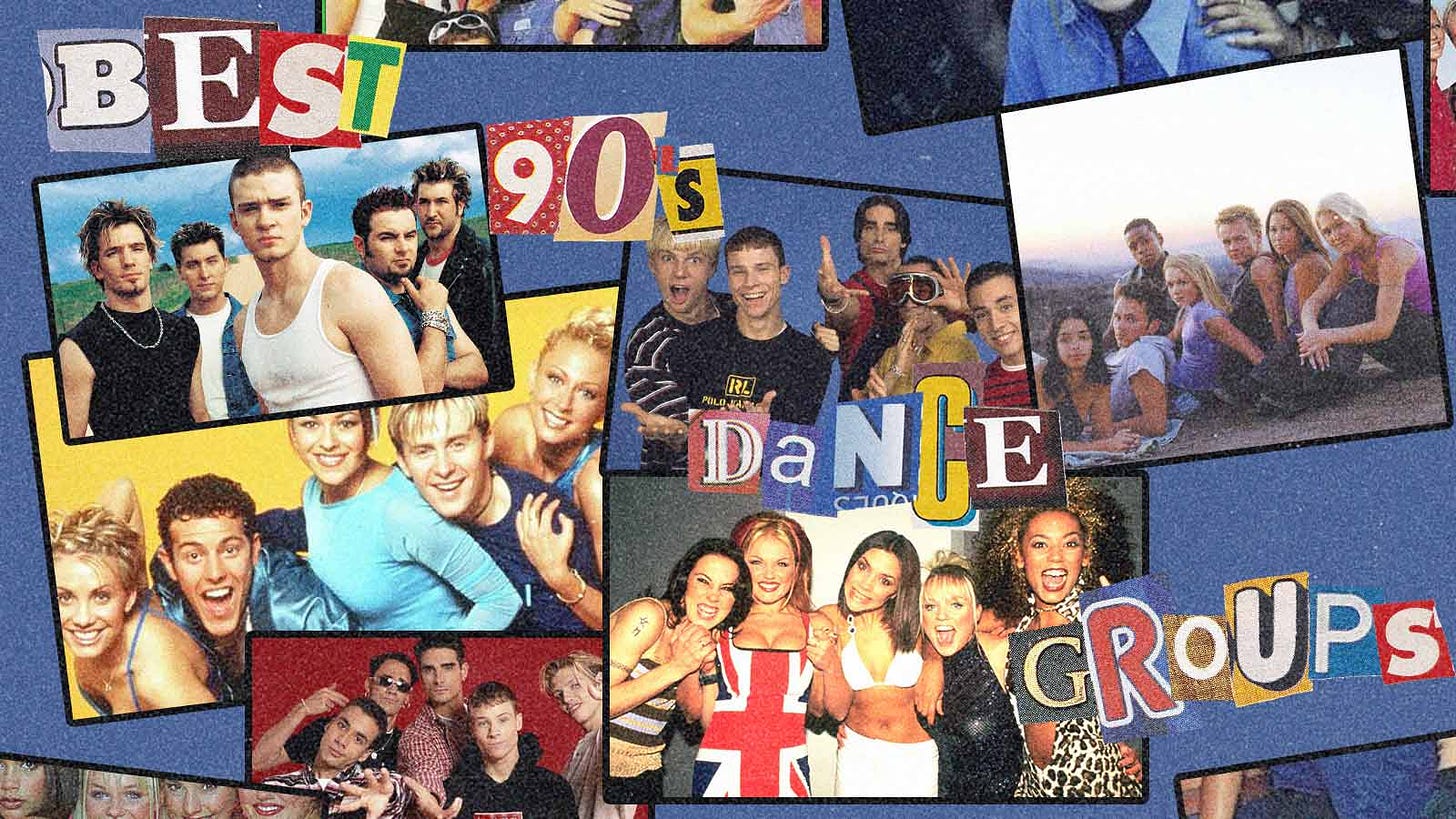 Collage of 90s pop bands including Spice Girls, Backstreet Boys, Nsync