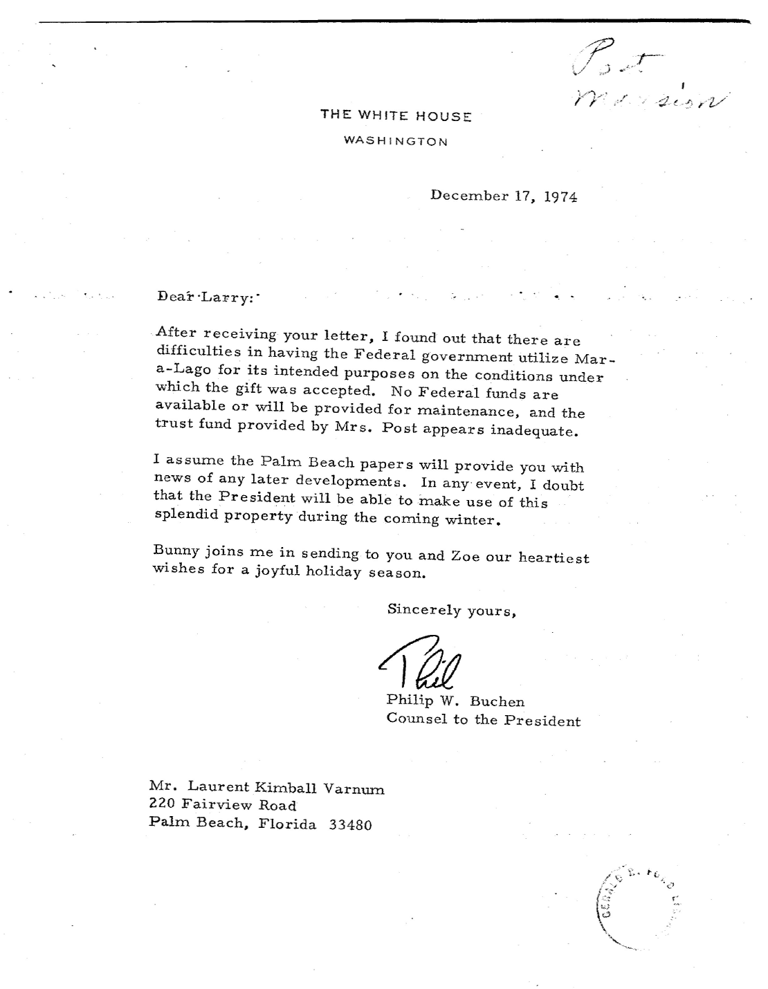 A letter dated Dec. 17, 1974 from the Ford administration saying the US government could not afford to keep Mar-a-Lago.