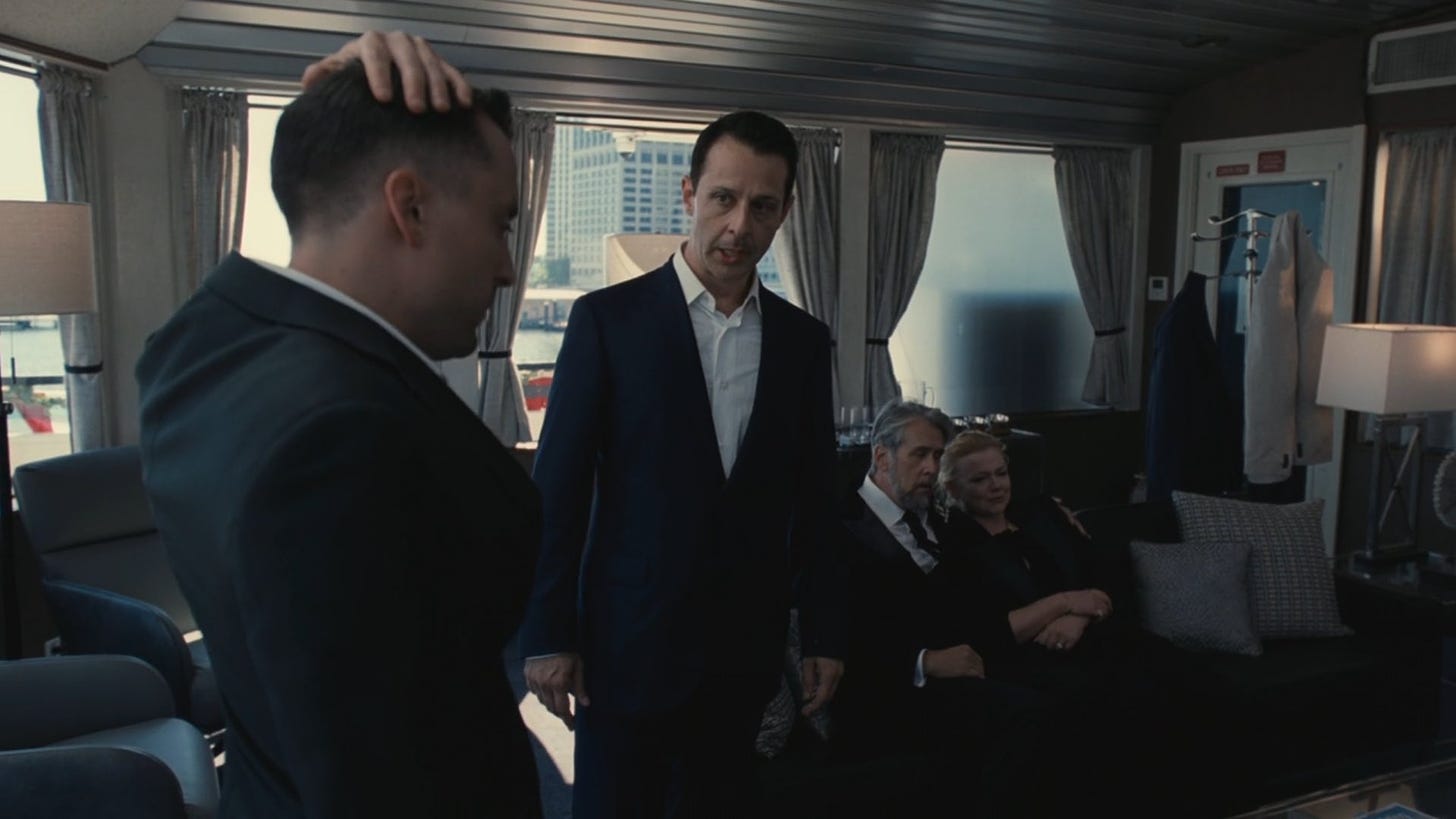 Roman and Kendall talk while Connor comforts Shiv in episode 3 of Succession.