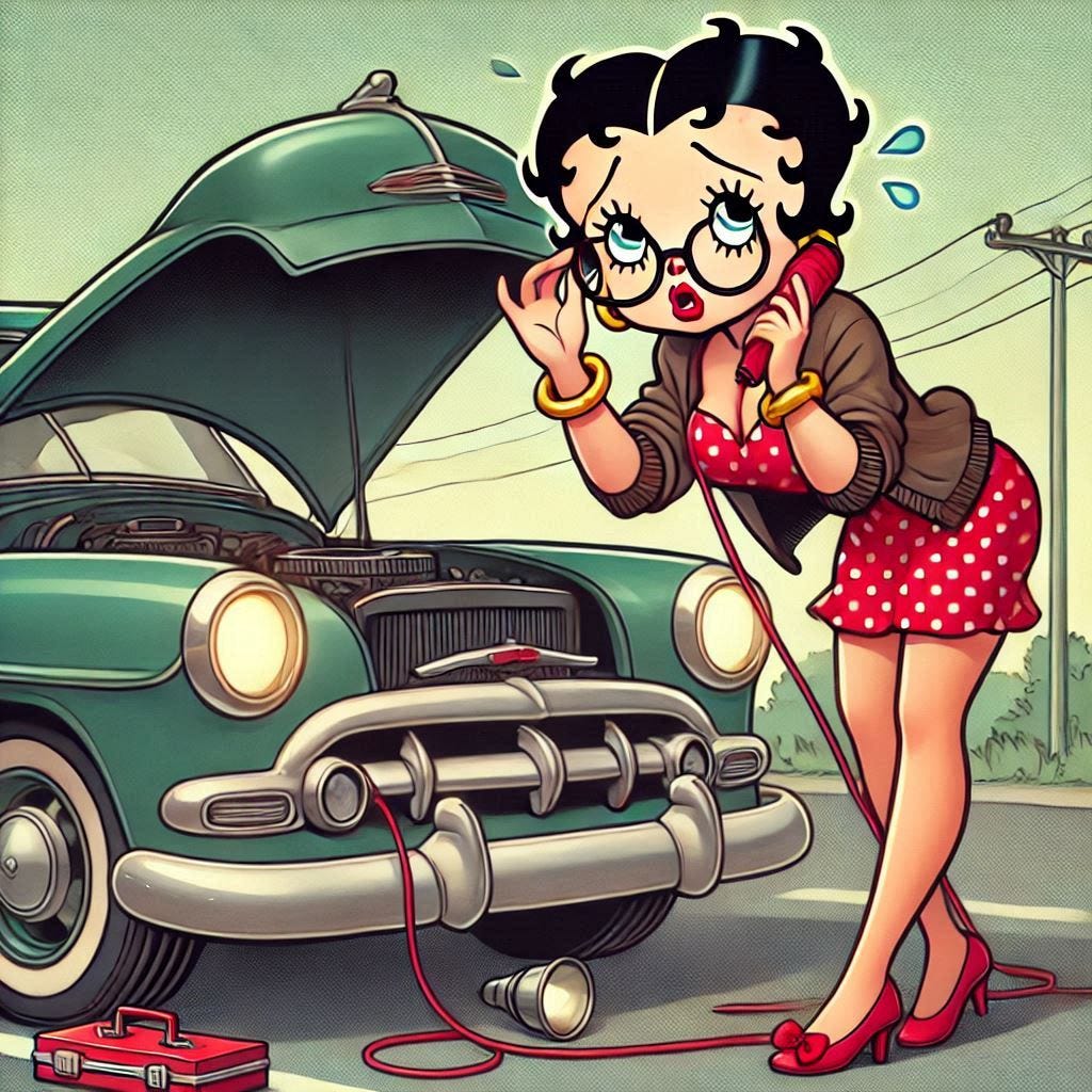 Betty Boop has car problems. Image by Bing.