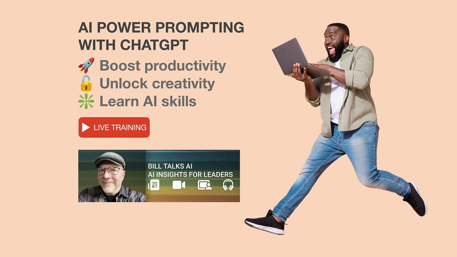 An excited person holding a laptop with text "AI Power Prompting with ChatGPT Live Training" alongside icons for productivity, creativity, and AI learning.